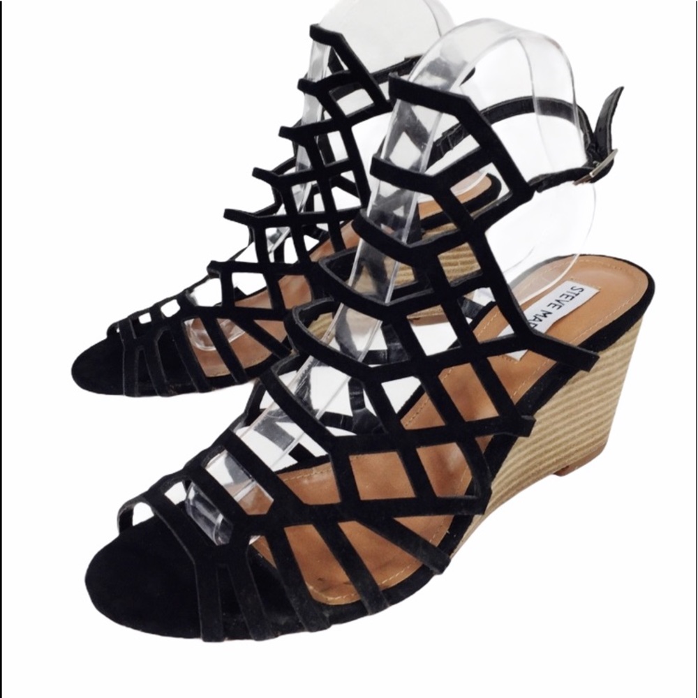 Steve Madden Cage Wedges Black Suede Shoes Sz 8.5